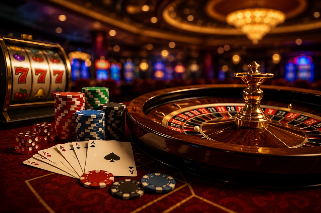 Mesa de casino con ruleta, cartas de póker, fichas de juego y máquina tragaperras en un fondo difuminado.