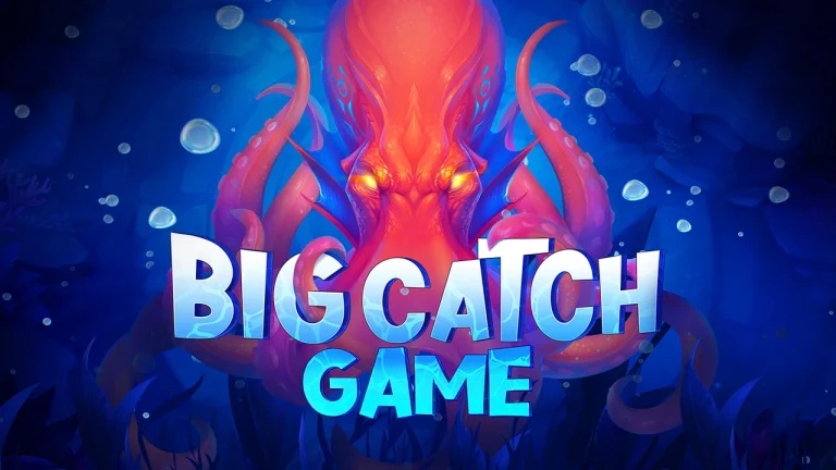 Logotipo del juego "Big Catch Game" en letras tridimensionales de color azul claro y brillante.