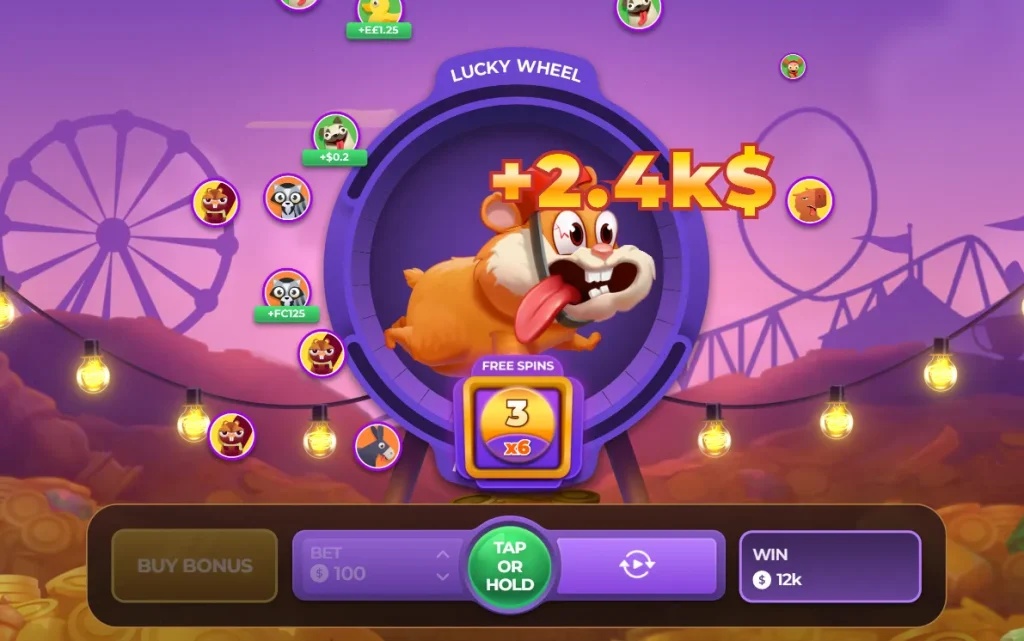 Captura de pantalla de la bonificación de la rueda de la fortuna en Hamster Run, con guirnaldas de luces encendidas, iconos de personajes flotantes y un fondo morado con siluetas de un parque de atracciones.