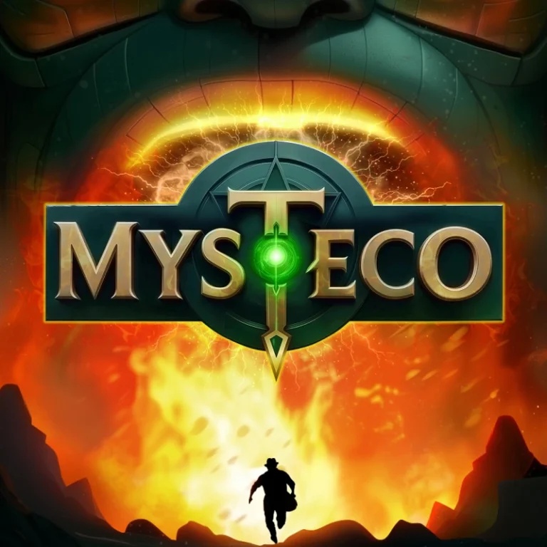 El logotipo se encuentra sobre un fondo de fuego y explosiones, con un explorador corriendo hacia él.
