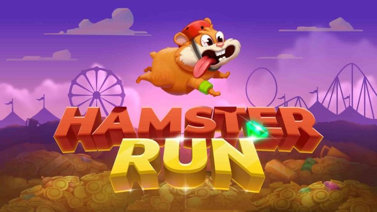 Logotipo del juego "Hamster Run" con letras en 3D de color naranja y amarillo, mostrando un hámster animado con casco saltando sobre un fondo morado con siluetas de un parque de atracciones.