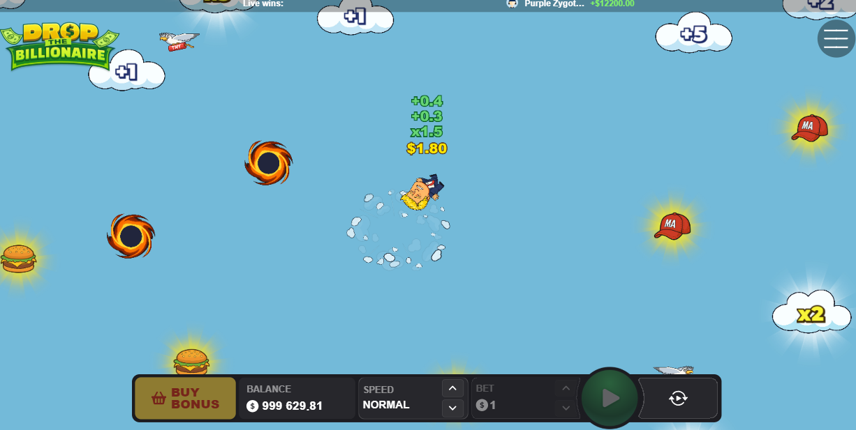 Millonario cayendo entre nubes con multiplicadores en Drop The Billionaire