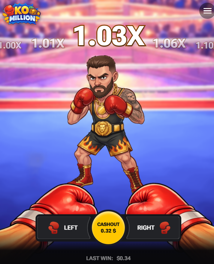 KO Million en celular con botones Left, Right y Cashout