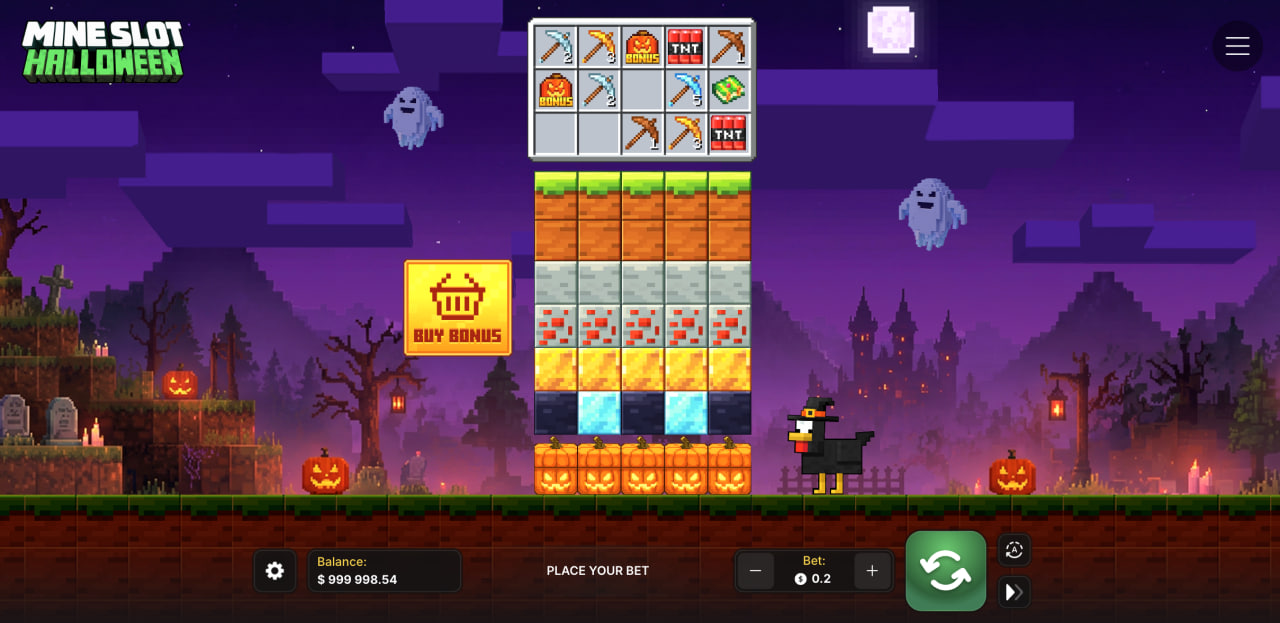 Pantalla de juego de Mine Slot Halloween con columnas de bloques, herramientas y botón Buy Bonus