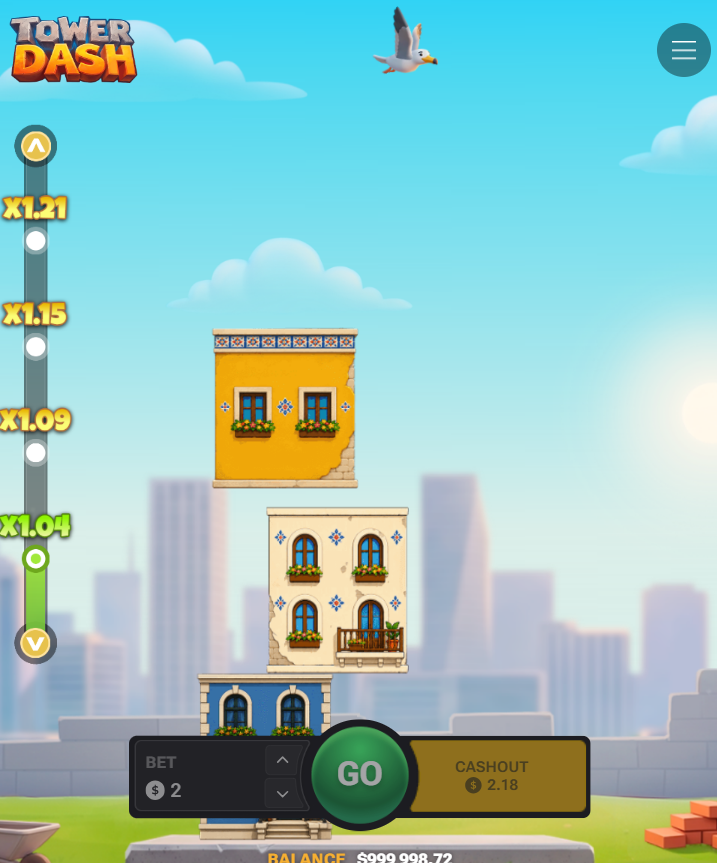 Tower Dash en celular vertical con botones Go y Cashout