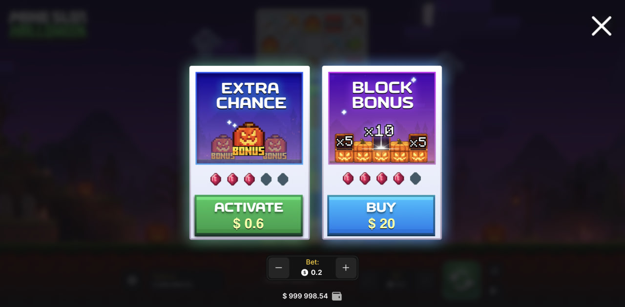 Precios de Extra Chance y Block Bonus en Mine Slot Halloween, versión computadora
