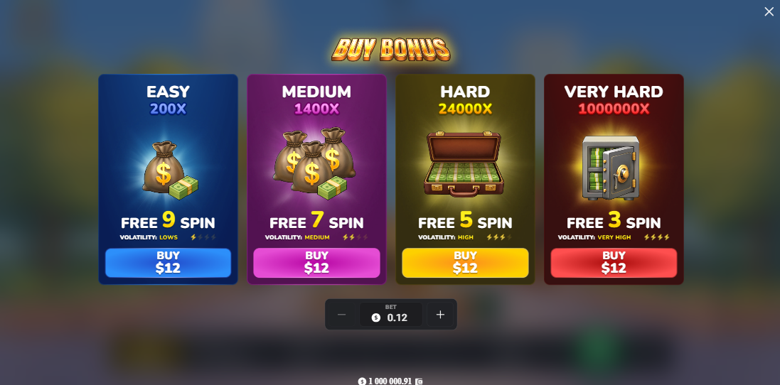 Pantalla de Bonus Buy de MegaBlock Empire con cuatro opciones de giros gratis