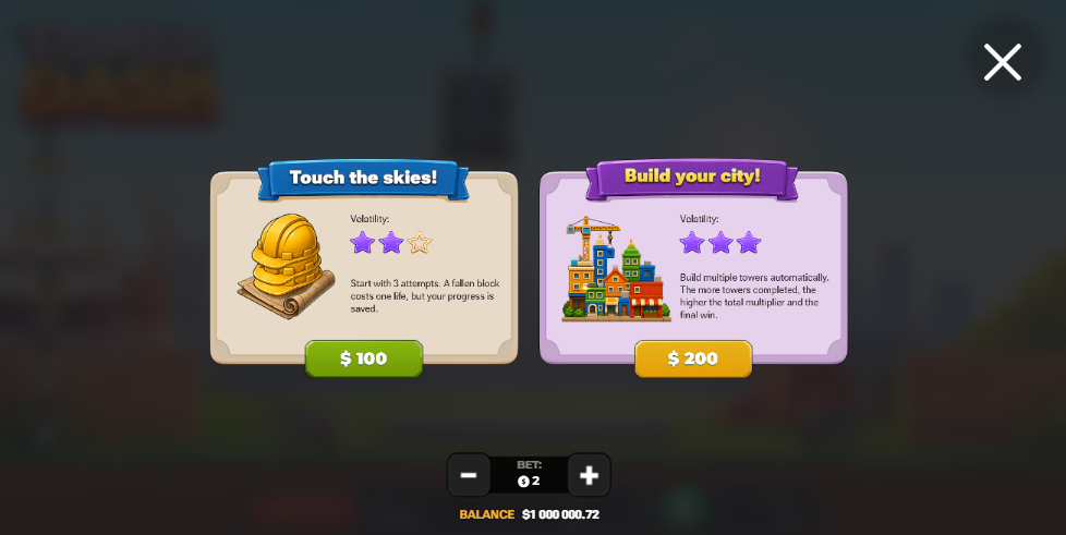 Opciones de Bonus Buy de Tower Dash, Touch the skies y Build your city