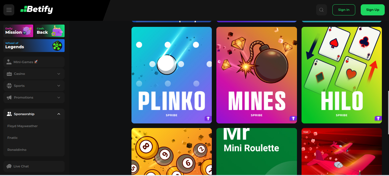 Minijuegos baratos de Betify como Plinko, Mines y Hilo