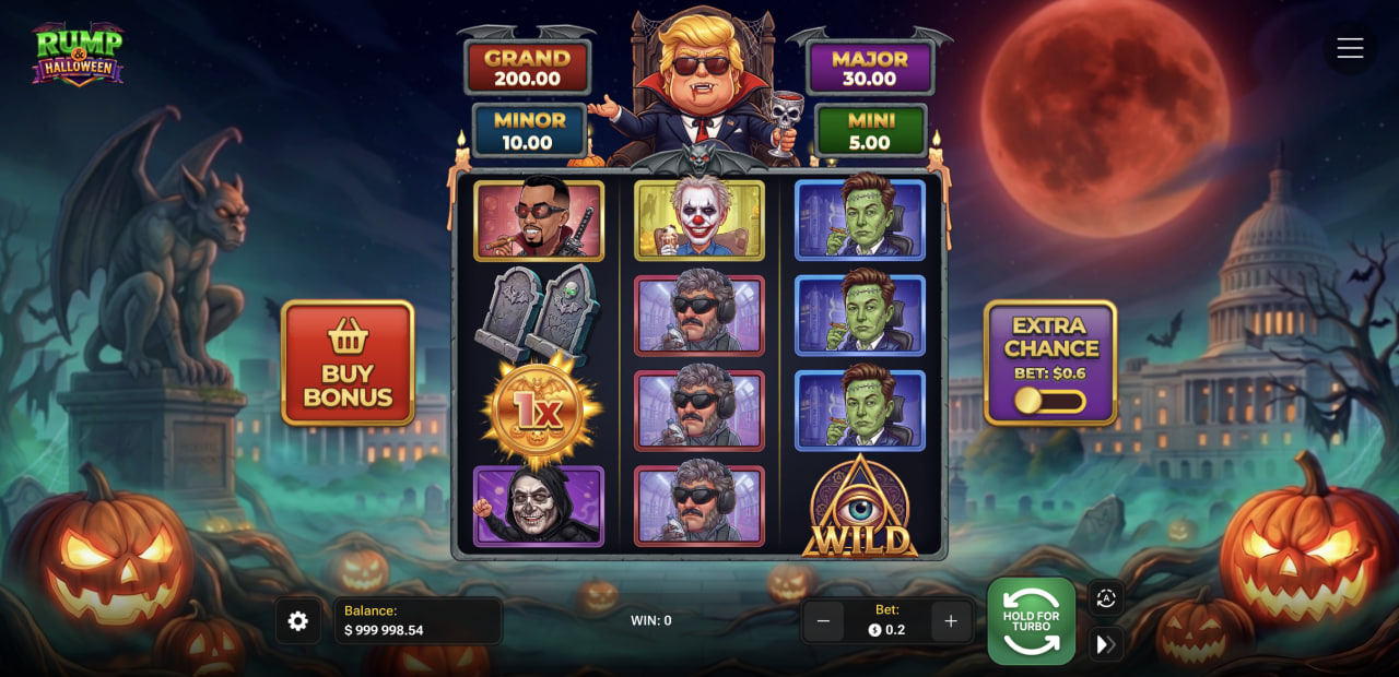 Grilla de Rump & Halloween con los cuatro jackpots, Buy Bonus y Extra Chance