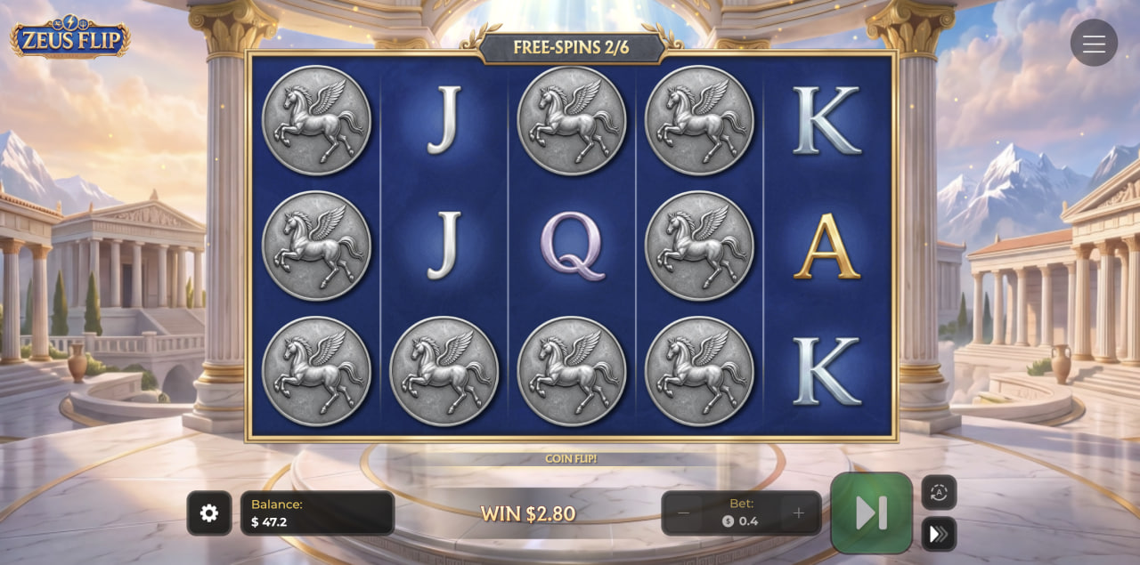 Rodillos de Zeus Flip en giros gratis con monedas de Pegaso y Coin Flip activo