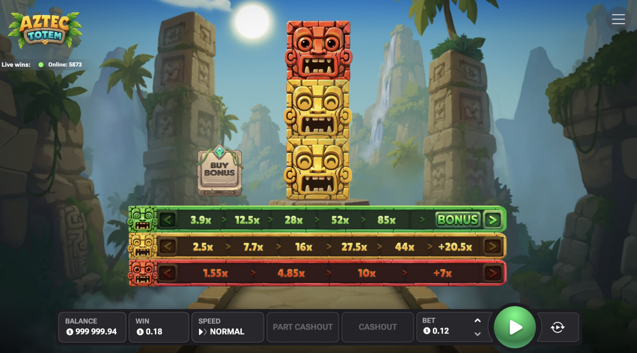 Pantalla de Aztec Totem en computadora con tótem y tres líneas de multiplicadores